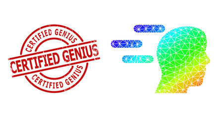 CERTIFIED GENIUS textured stamp print and lowpoly rainbow colored rush mind icon with gradient. Red stamp seal contains CERTIFIED GENIUS caption inside circle and lines form.