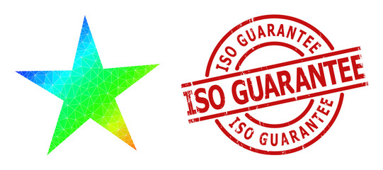 ISO Guarantee grunge stamp seal, and low-poly rainbow colored star icon with gradient. Red stamp seal includes ISO GUARANTEE caption inside circle and lines form.
