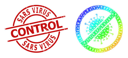 SARS VIRUS CONTROL rubber watermark and lowpoly spectral colored stop coronavirus icon with gradient. Red stamp seal contains Sars Virus Control caption inside round and lines form.