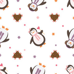 vector graphic holiday seamless pattern with penguins and hearts
