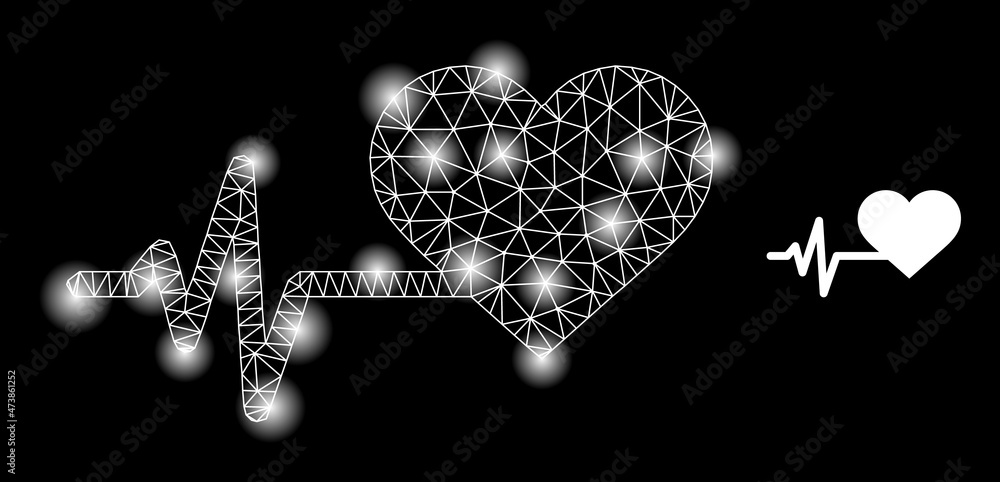 Poster bright net heart pulse web icon with bright light spots. illuminated model is created from heart pul