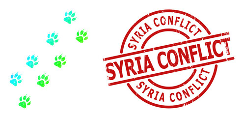 SYRIA CONFLICT unclean stamp print, and lowpoly spectrum colored tiger paw trace icon with gradient. Red stamp has Syria Conflict text inside round and lines shape.