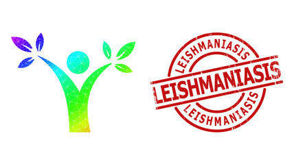 LEISHMANIASIS textured stamp and lowpoly spectral colored tree man icon with gradient. Red stamp seal contains Leishmaniasis text inside circle and lines form.