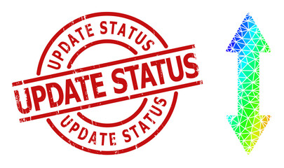 Update Status textured stamp imitation and low-poly spectrum colored vertical exchange arrow icon with gradient. Red stamp includes Update Status caption inside round and lines shape.