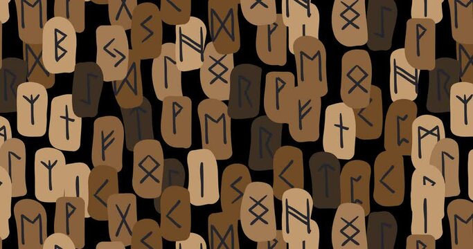 Animation with magic rune symbols. Runes looping seamless ethnic pattern. Ethnic runic alphabet, Futhark. Ancient norse occult symbols, black vikings letters on brown. 4K Video motion graphic
