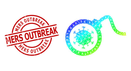 Mers Outbreak dirty stamp seal, and lowpoly rainbow colored virus bomb icon with gradient. Red stamp has Mers Outbreak title inside circle and lines shape.