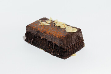 Sweet chocolate cake on white background. Homemade bakery. Delicious and sweet cake for Valentines or birthday party.