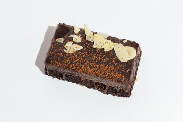 Sweet chocolate cake on white background. Homemade bakery. Delicious and sweet cake for Valentines or birthday party.