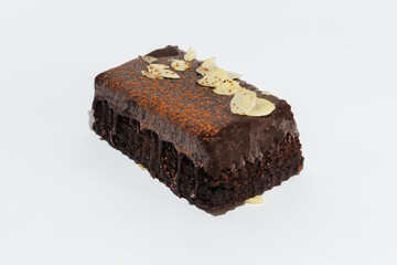 Sweet chocolate cake on white background. Homemade bakery. Delicious and sweet cake for Valentines or birthday party.