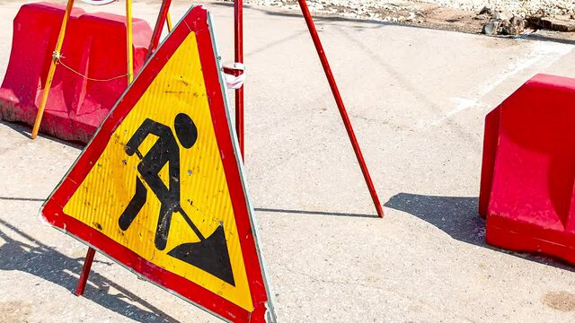 Road works traffic sign at the city street