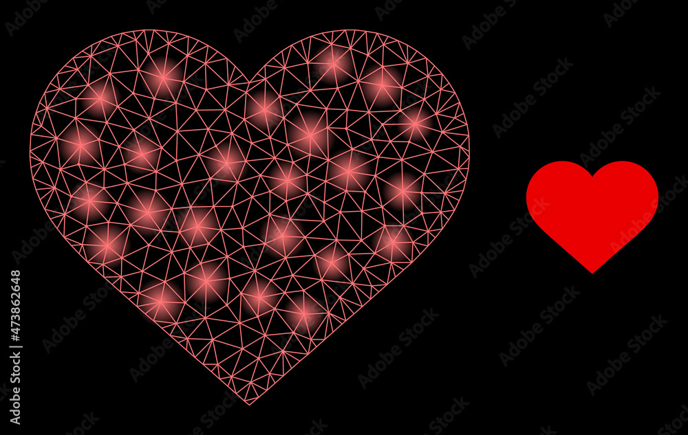 Poster shiny mesh love heart web icon with illuminated light spots. illuminated model created using love he
