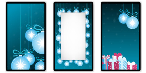 Christmas and New Year vertical banner set with blue glass balls hanging on ribbon, bunch of wrapped gift boxes and copy space on dark background with stars. Template for stories, mobile app cover.