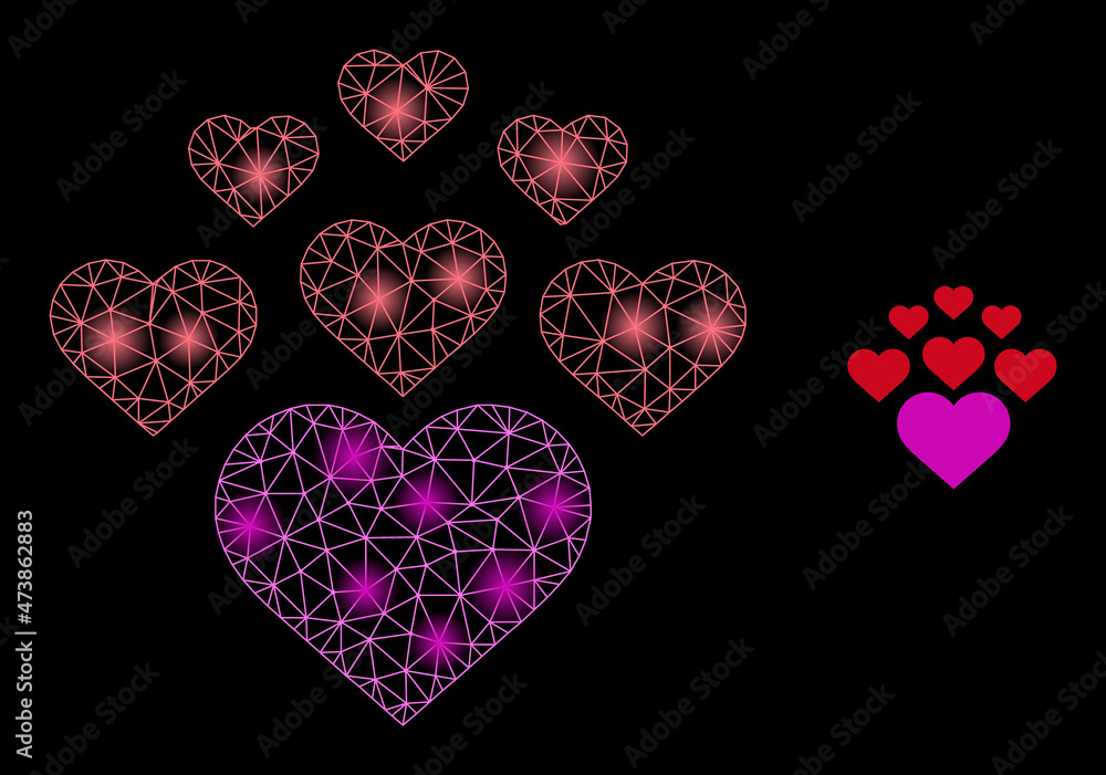 Poster glowing network lovely hearts web icon with glowing light spots. illuminated model is created from l