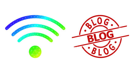 BLOG rubber stamp seal, and low-poly spectral colored wi-fi source icon with gradient. Red seal has Blog caption inside circle and lines template.