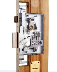Fototapeta na wymiar Mortise lock fitted in wooden door
