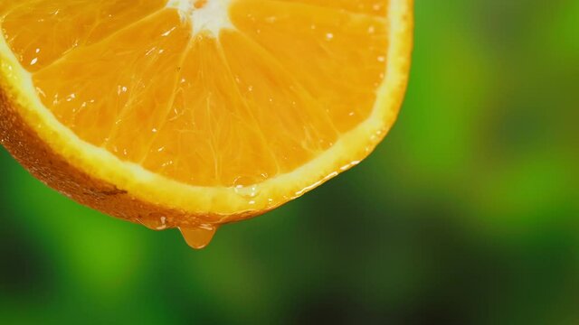 Drop falling from orange slice on nature background. Squeezing organic citrus juice close-up. Spa treatments. Skincare, cosmetics and beauty concept.