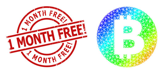 1 Month Free! corroded stamp print, and low-poly spectral colored bitcoin icon with gradient. Red stamp has 1 Month Free! title inside circle and lines template.