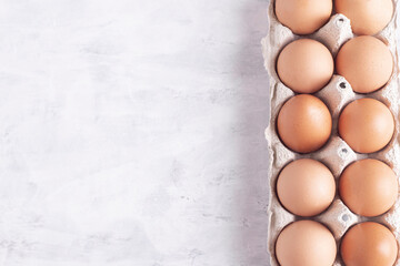 Chicken eggs in a cardboard stand on a gray background, close-up. Organic food farm food