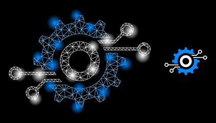 Bright net nanobot circuit wheel web icon with glowing spots. Illuminated model done from nanobot circuit wheel vector icon. Bright carcass web polygonal nanobot circuit wheel, on a black background.