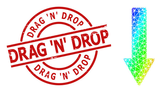 Drag 'N' Drop textured stamp seal, and lowpoly spectrum colored down arrow icon with gradient. Red stamp contains Drag 'N' Drop tag inside round and lines template.