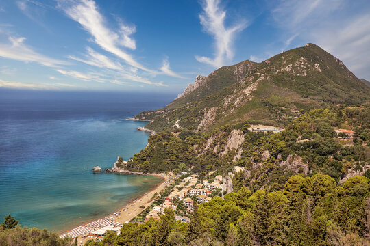 Aerial view over Glyfada beach. Island of Corfu, Greece.
