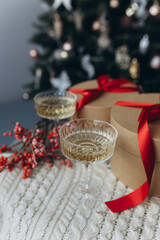 Glasses of wine with romantic christmas decoration. Holiday, new year concept