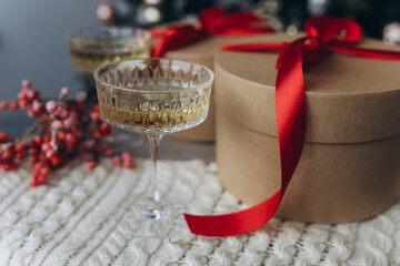 Glasses of wine with romantic christmas decoration. Holiday, new year concept