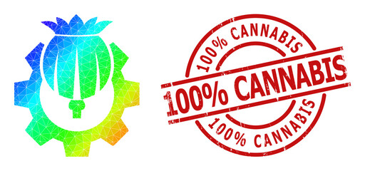 100% Cannabis textured stamp seal and low-poly spectral colored opium industry icon with gradient. Red stamp seal contains 100% CANNABIS tag inside circle and lines form.