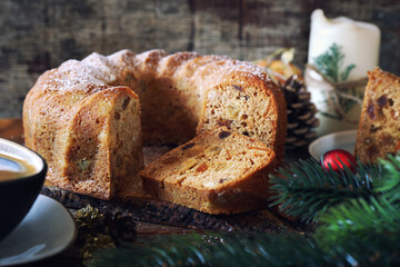  Christmas English dried fruits and raisins  tea cake and cup of coffee, new year decoration