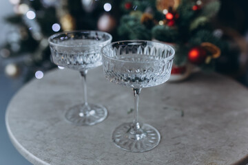 Glasses of wine with romantic christmas decoration. Holiday, new year concept