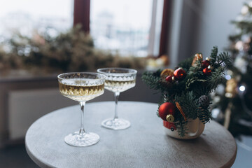 Glasses of wine with romantic christmas decoration. Holiday, new year concept