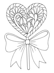 Coloring page love. Cute sweet lollipop heart, gift with ribbon bow. Valentine design. Hand drawn vector line art illustration. Coloring book for children and adults. Romantic black and white sketch.