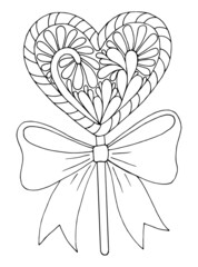 Fototapeta premium Coloring page love. Cute sweet lollipop heart, gift with ribbon bow. Valentine design. Hand drawn vector line art illustration. Coloring book for children and adults. Romantic black and white sketch.