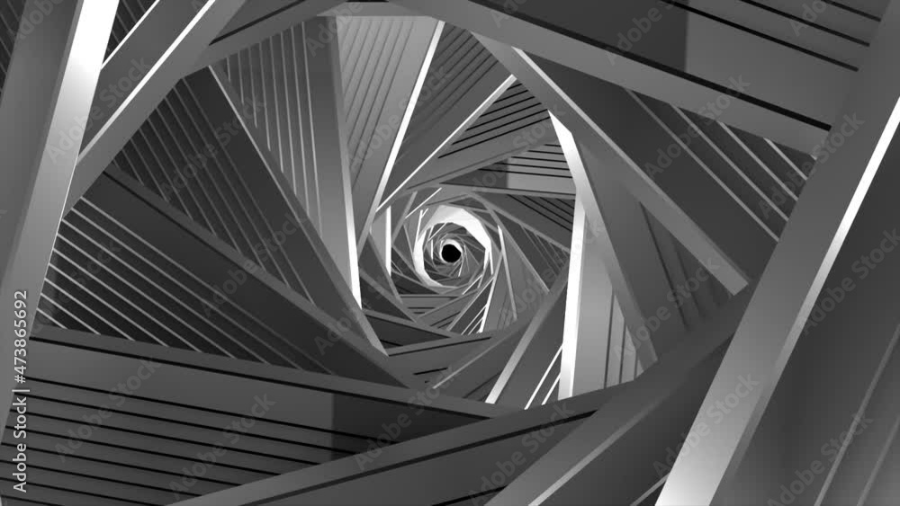Poster 3d swirling tunnel with silver lines. motion. terrifyingly twisting tunnel of shiny sharp corners. s