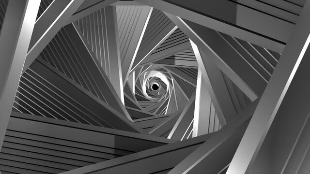 3D swirling tunnel with silver lines. Motion. Terrifyingly twisting tunnel of shiny sharp corners. Shiny silver tunnel twists like meat grinder