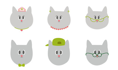 Cat faces with accessories. Funny pets in doodle flat style