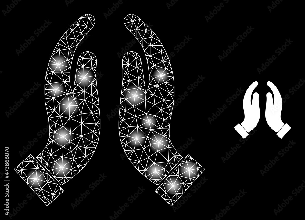 Poster bright net praying hands web icon with flare light spots. illuminated constellation is generated usi