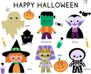 A vector set of happy halloween icons: ghost, Dracula, Frankenstien, mummy, witch, skeleton, spider, bat, jack o' lanterns, pumpkins, poison, tombstone, and candles.