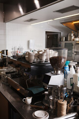Vertical shot of coffee machine on the counter at the restaurant