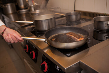 Cropped close up of restaurant chef frying salmon on the stove