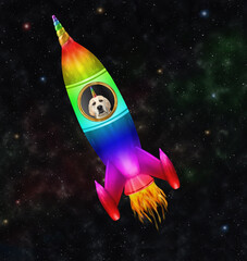 A dog unicorn labrador flies inside a rainbow space rocket among the stars.