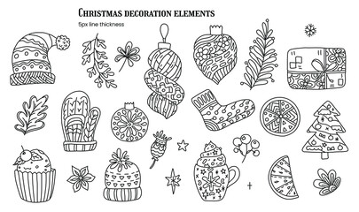 Set of Christmas and New Years decoration elements. Line art decor. Can change line stroke weight, thinness. Xmas tree, balls, gifts, chocolate, desserts, cookies, mandarin. Collection for design