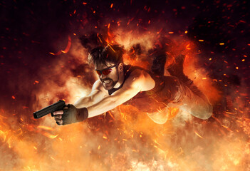 Excited man holding gun on fire  background. Movie concept - obrazy, fototapety, plakaty