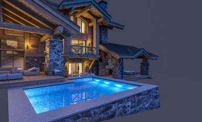 3d rendering of modern cozy chalet with pool and parking for sale or rent. Massive timber beams columns. In the night. Isolated on black