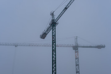Two cranes working in a foggy afternoon