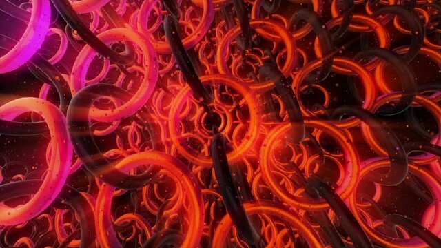 Many chains of rotating multicolored rings. Motion. Space with many chains and rotating rings. Infinite number of rings in chains