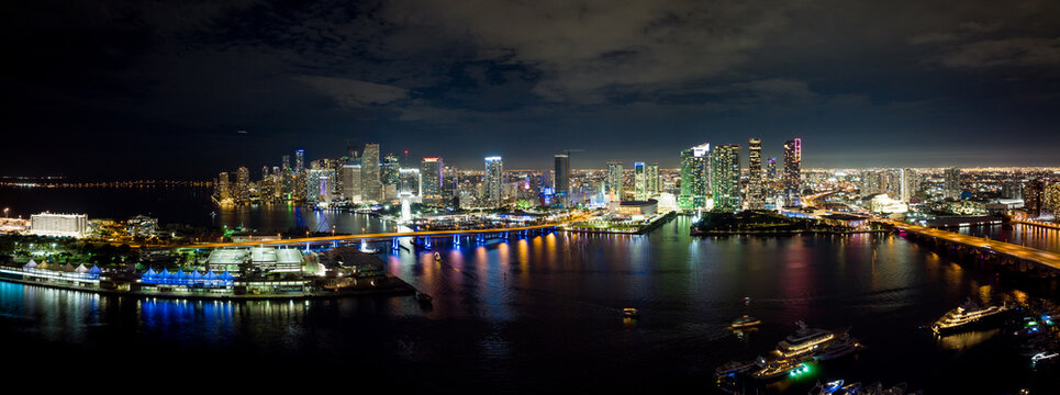 Aerial night panorama Downtown Miami long exposure