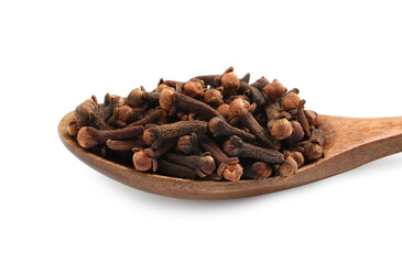 Wooden spoon with aromatic dry cloves isolated on white, closeup