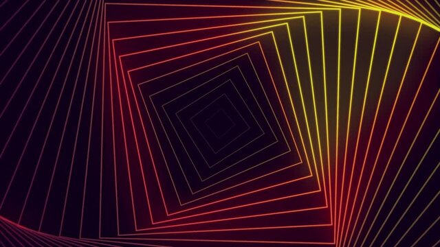 Endless square neon tunnel of rotating red and yellow gradient silhouettes. Motion. Hypnotic spinning corridor, seamless loop.