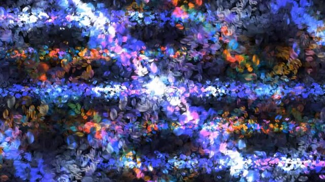 Crossed streams of light and energy streams of orange and purple colors on a black background, seamless loop. Motion. Falling down beautiful stains.